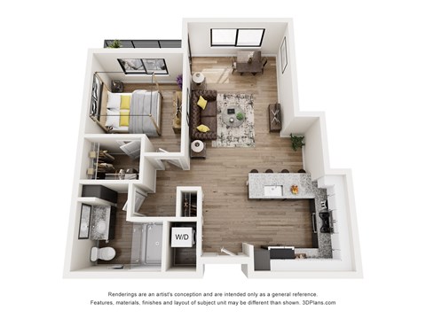 A 3D floor plan of a small apartment with a kitchen, living room, and bedroom.